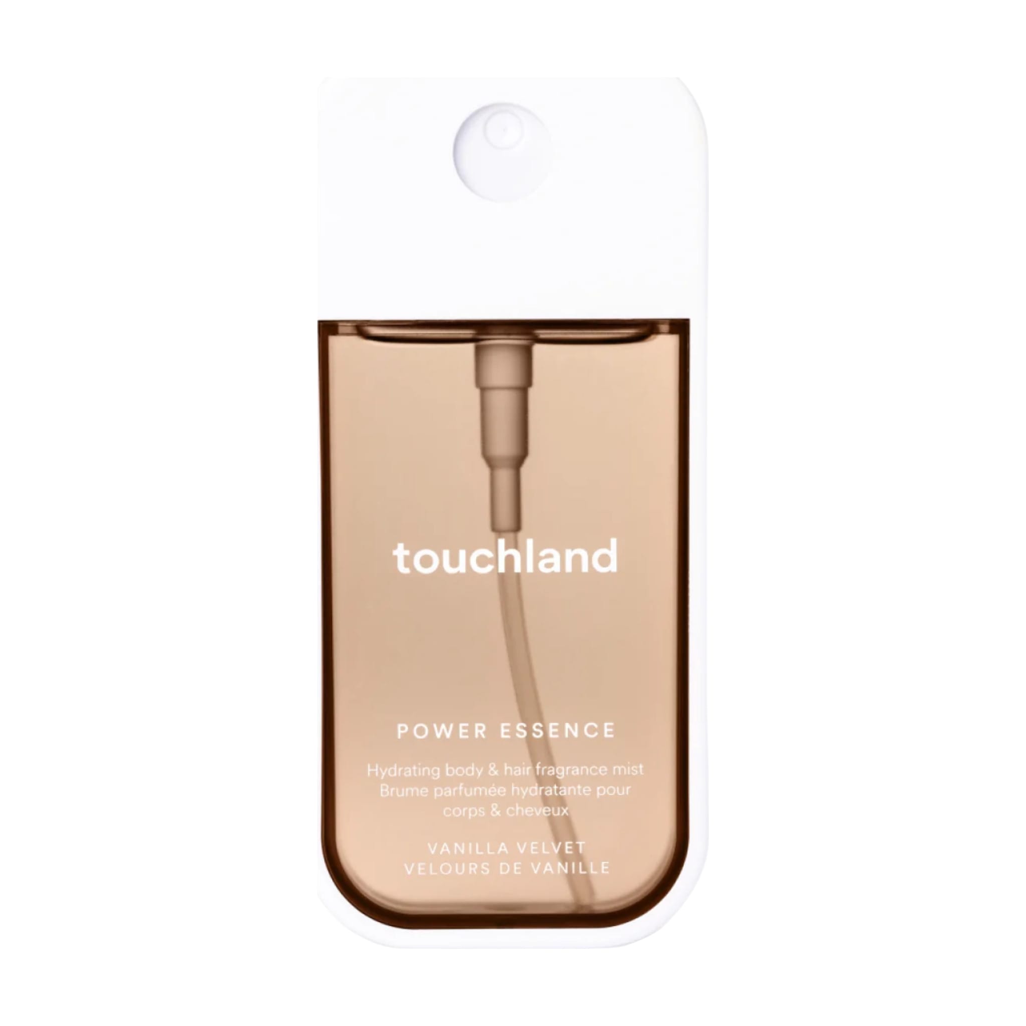 Touchland Power Essence Vanilla Velvet hydrating body and hair fragrance mist in a caramel and white pocket spray