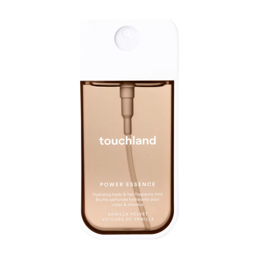 Touchland Power Essence Vanilla Velvet hydrating body and hair fragrance mist in a caramel and white pocket spray