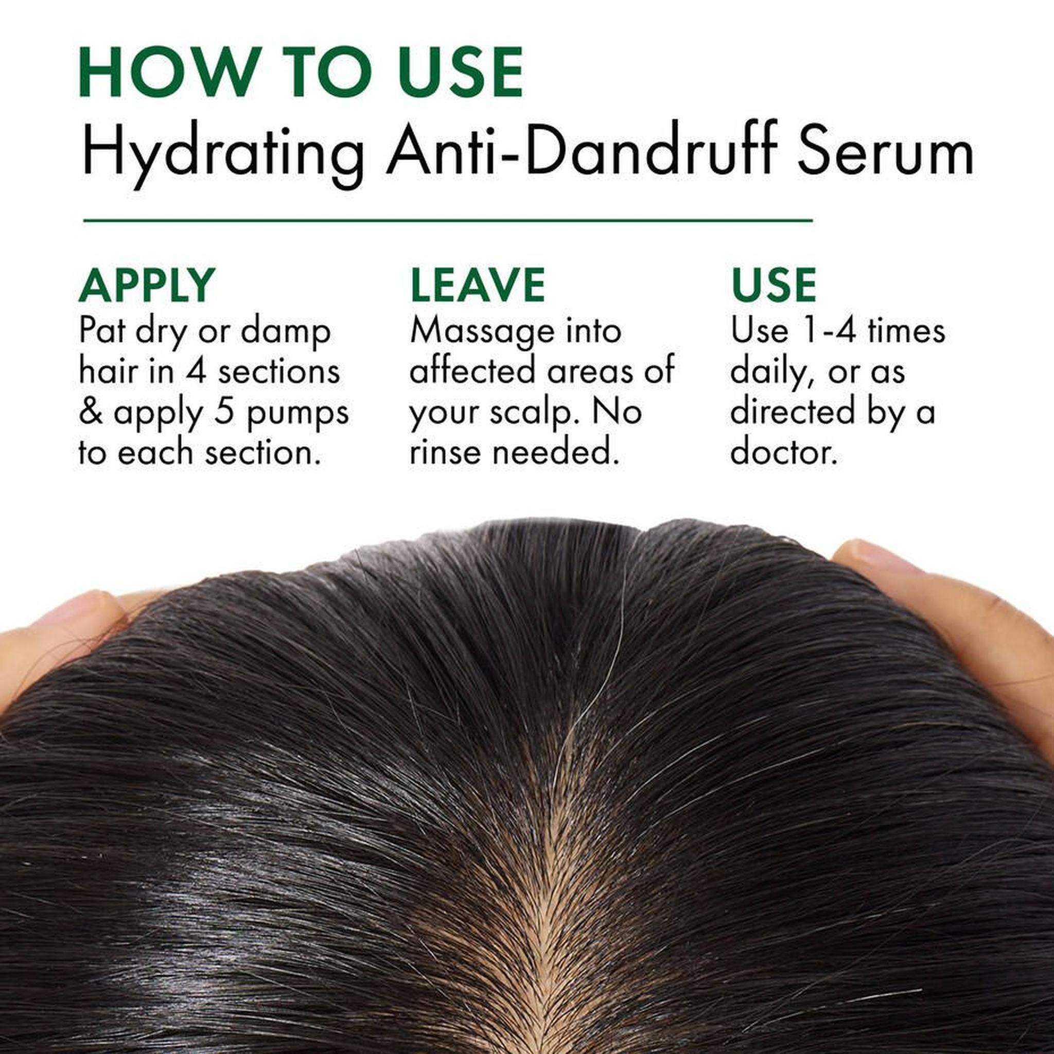 How to use Vichy Dercos hydrating anti-dandruff serum: apply 5 pumps per section, massage into scalp, no rinse needed