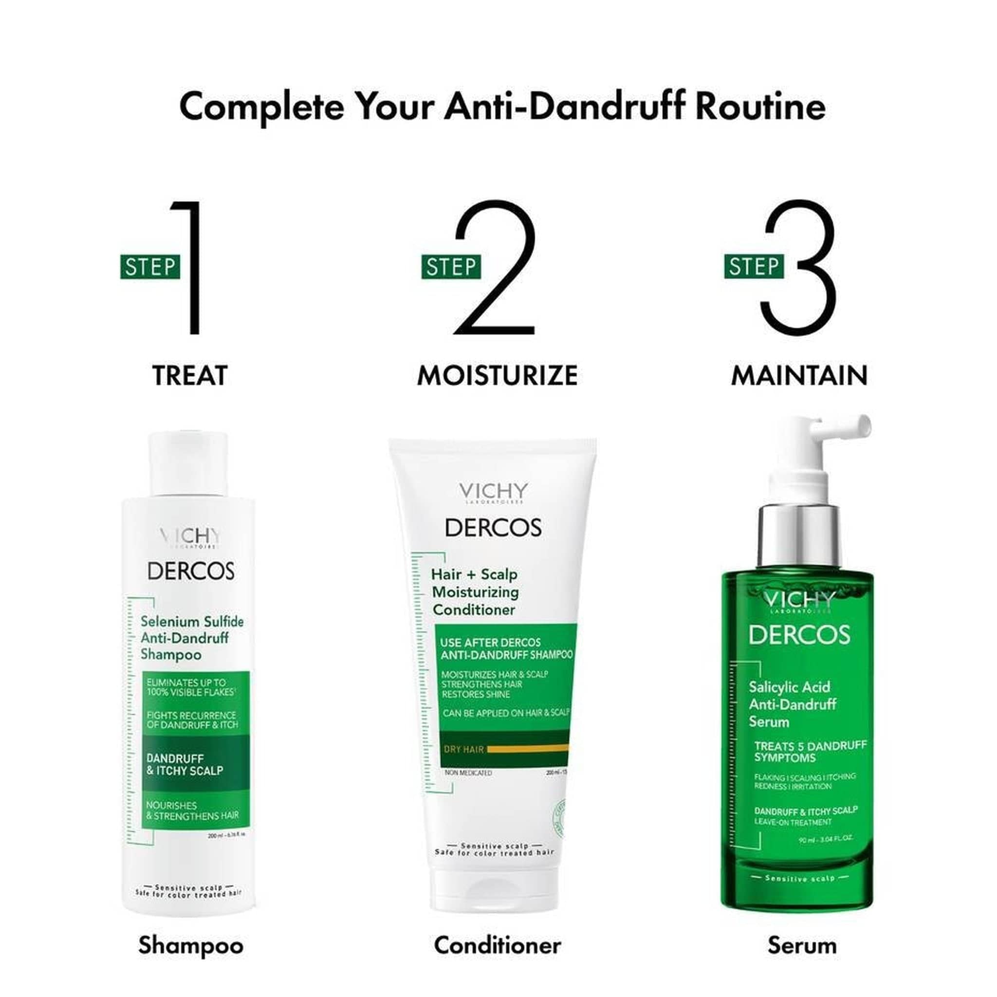 Vichy Dercos 3-step anti-dandruff routine: selenium sulfide shampoo, moisturizing conditioner, and salicylic acid serum