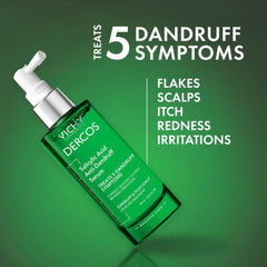 Vichy Dercos serum treats 5 dandruff symptoms: flakes, scaling, itch, redness, and irritation