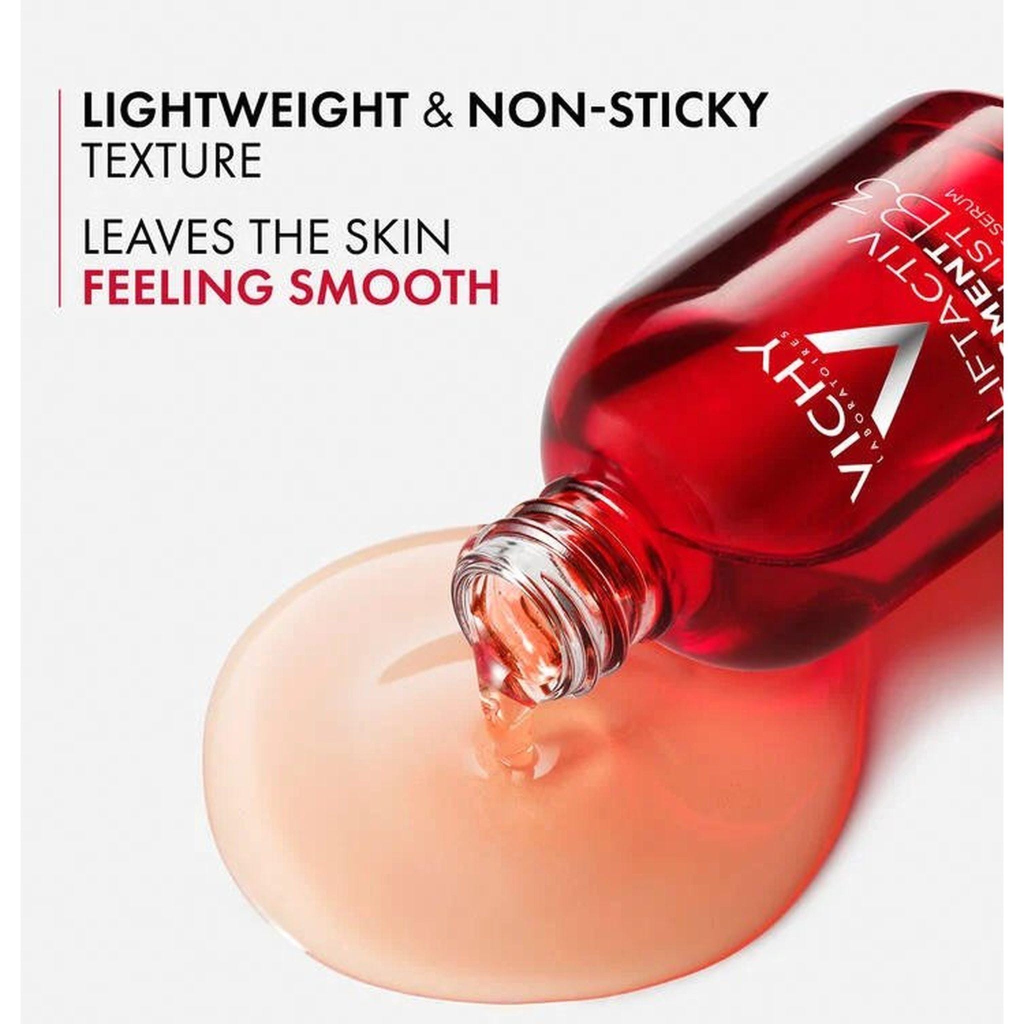 Vichy LiftActiv Pigment Specialist B3 serum pouring from red bottle showing lightweight non-sticky texture