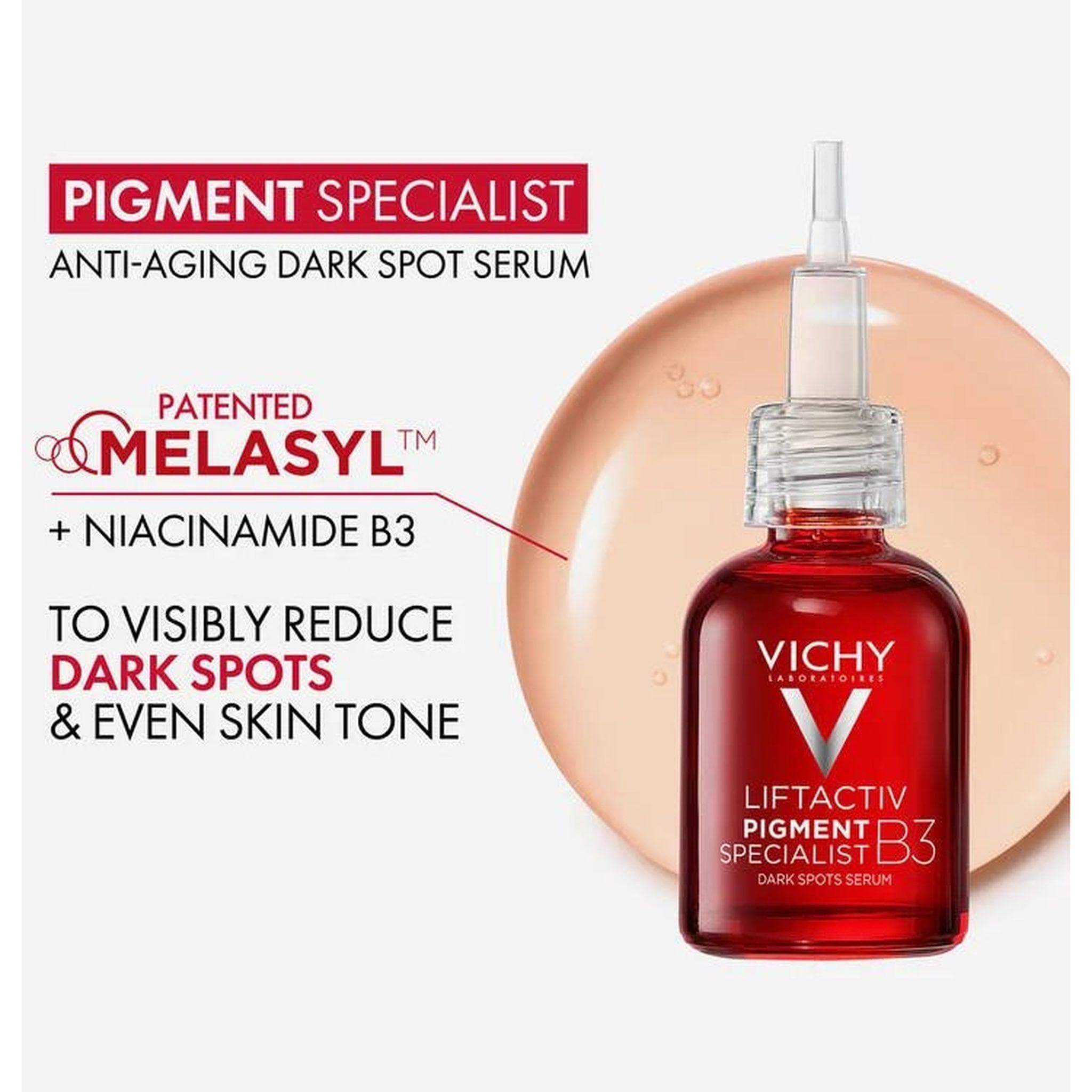 Vichy LiftActiv Pigment Specialist B3 anti-aging dark spot serum with patented Melasyl and Niacinamide to reduce dark spots and even skin tone