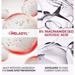 Vichy LiftActiv Pigment Specialist B3 key ingredients: Melasyl for dark spot prevention, 8% Niacinamide B3 and Glycolic Acid to exfoliate and fade dark spots
