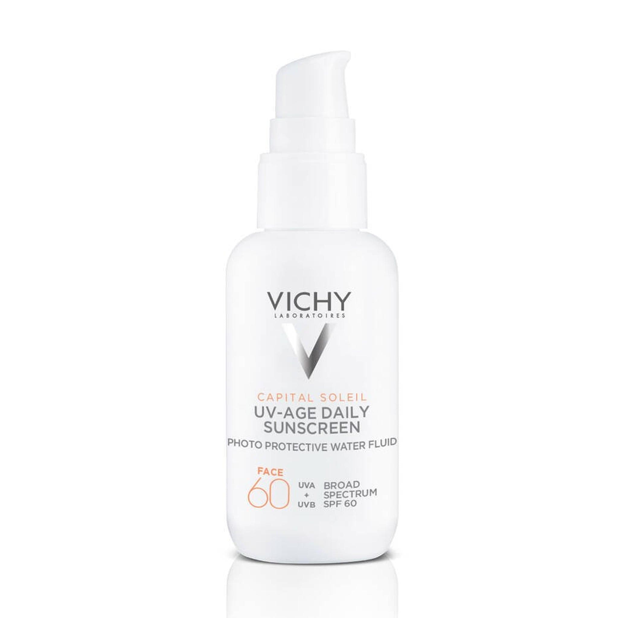 Vichy Capital Soleil UV-Age Daily SPF 60 sunscreen pump bottle, photoprotective water fluid for face