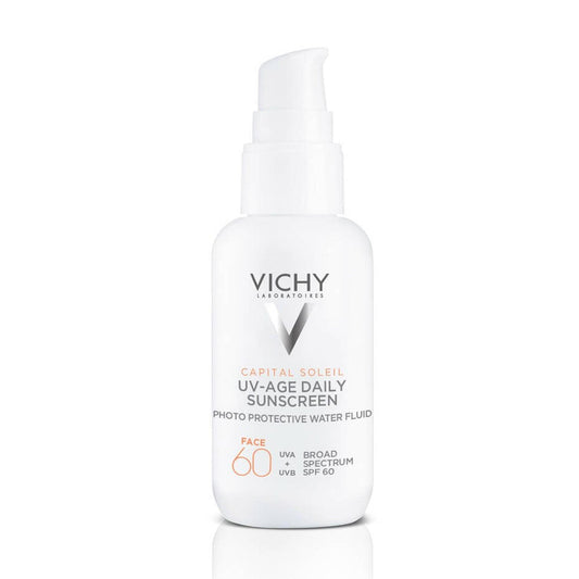 Vichy Capital Soleil UV-Age Daily SPF 60 sunscreen pump bottle, photoprotective water fluid for face