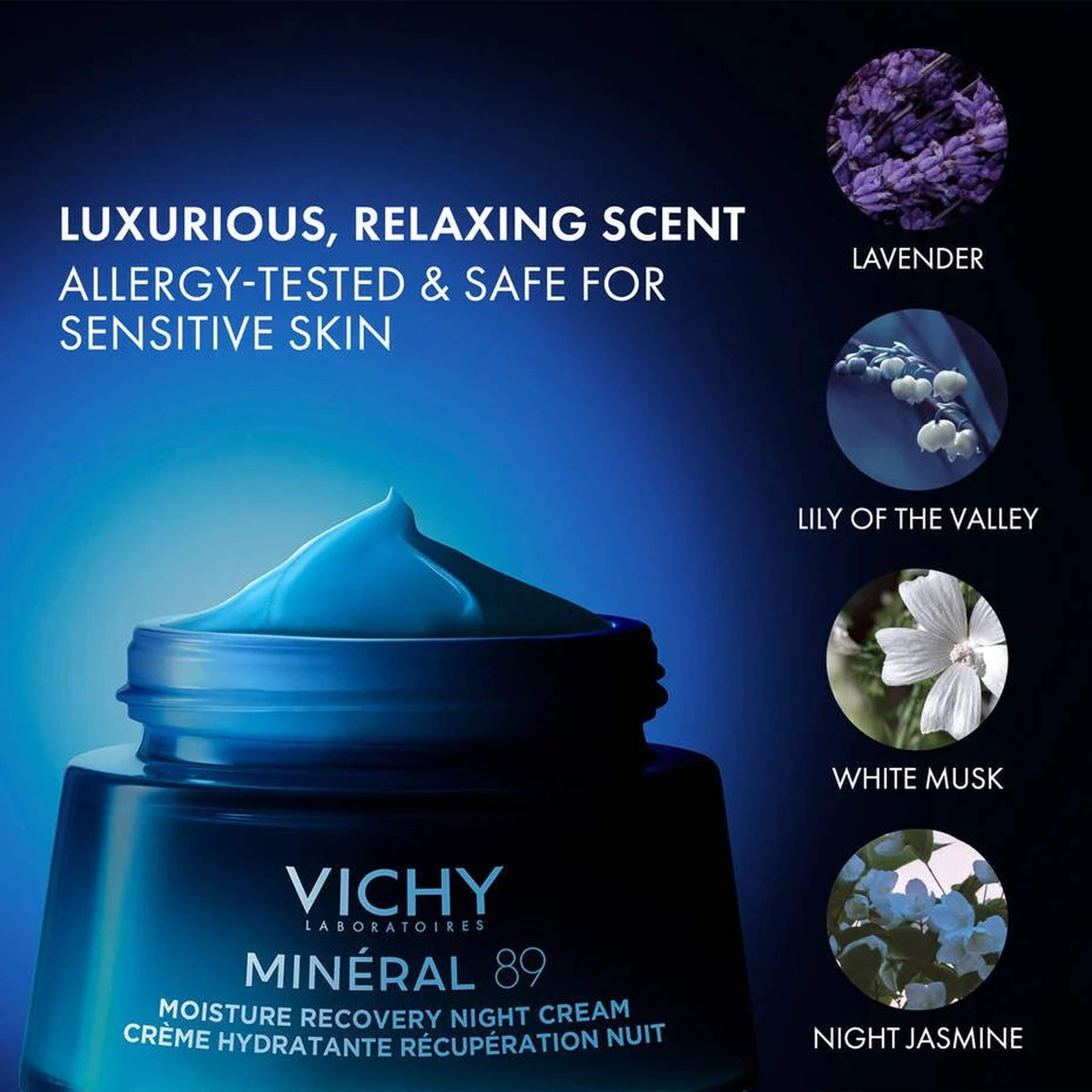 Vichy Minéral 89 Night Cream luxurious relaxing scent with lavender, lily of the valley, white musk and night jasmine, allergy-tested for sensitive skin