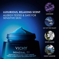 Vichy Minéral 89 Night Cream luxurious relaxing scent with lavender, lily of the valley, white musk and night jasmine, allergy-tested for sensitive skin