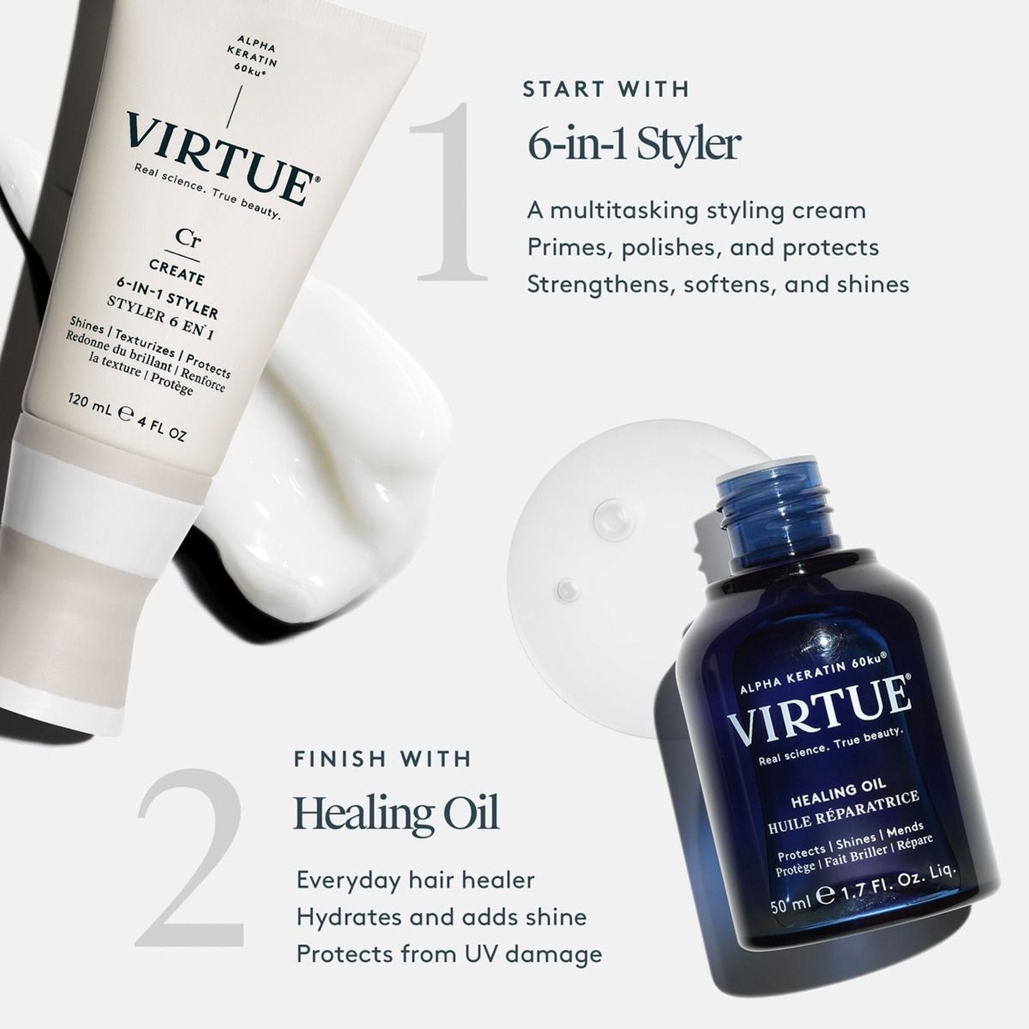 VIRTUE hair routine with 6-in-1 Styler cream and Healing Oil for shine and UV protection