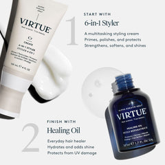 VIRTUE hair routine with 6-in-1 Styler cream and Healing Oil for shine and UV protection