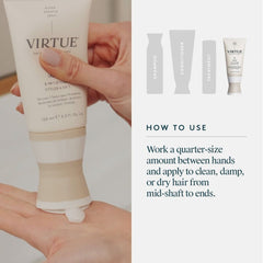 Hand applying VIRTUE 6-in-1 Styler cream to palm for damp or dry hair