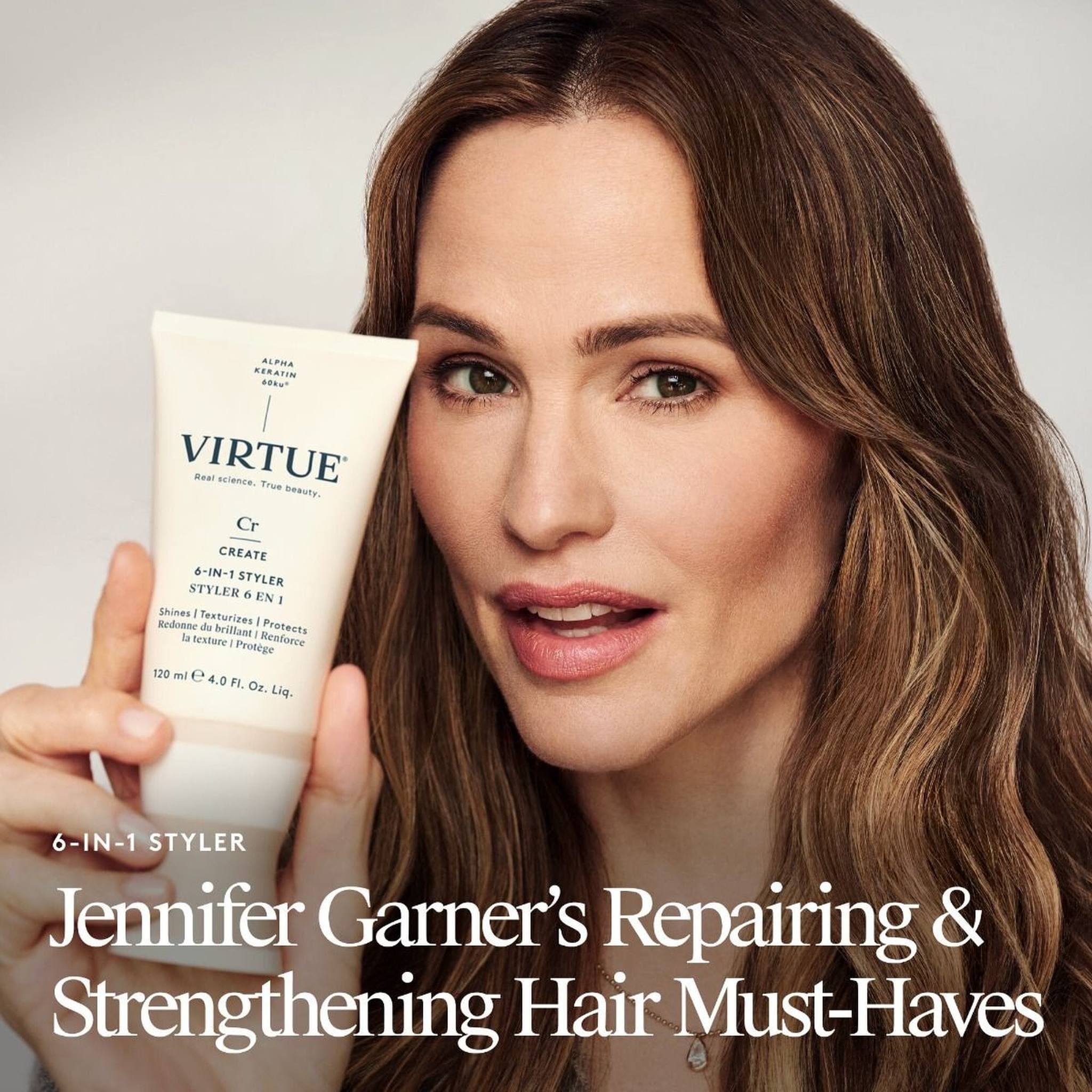 Jennifer Garner holding VIRTUE 6-in-1 Styler repairing and strengthening hair cream