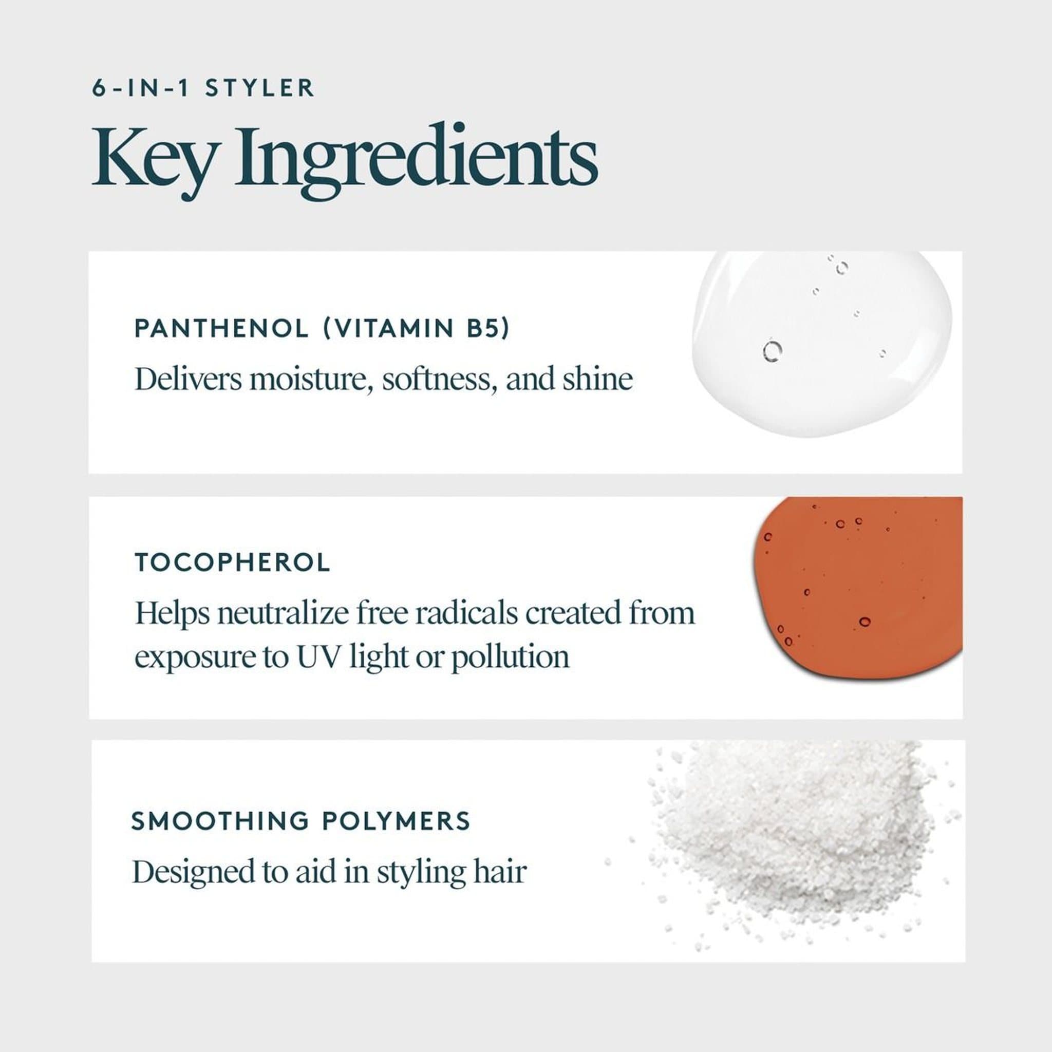 VIRTUE 6-in-1 Styler key ingredients panthenol tocopherol and smoothing polymers
