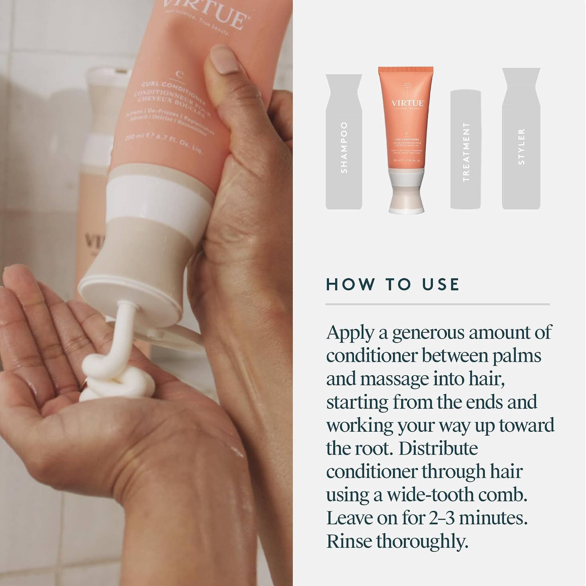 Hand dispensing Virtue Curl Conditioner into palm with directions for applying from ends to roots