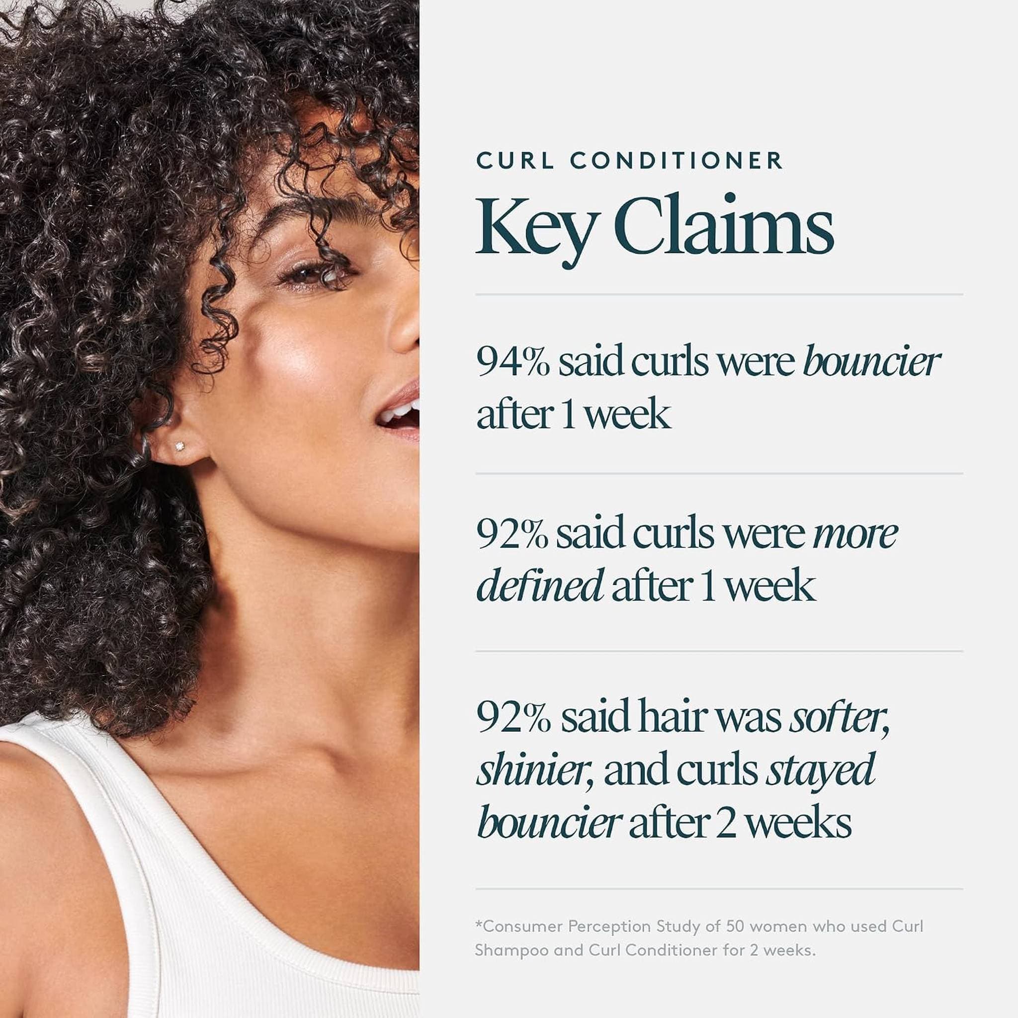 Woman with defined curls next to Virtue Curl Conditioner results showing 94% said curls were bouncier