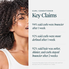 Woman with defined curls next to Virtue Curl Conditioner results showing 94% said curls were bouncier