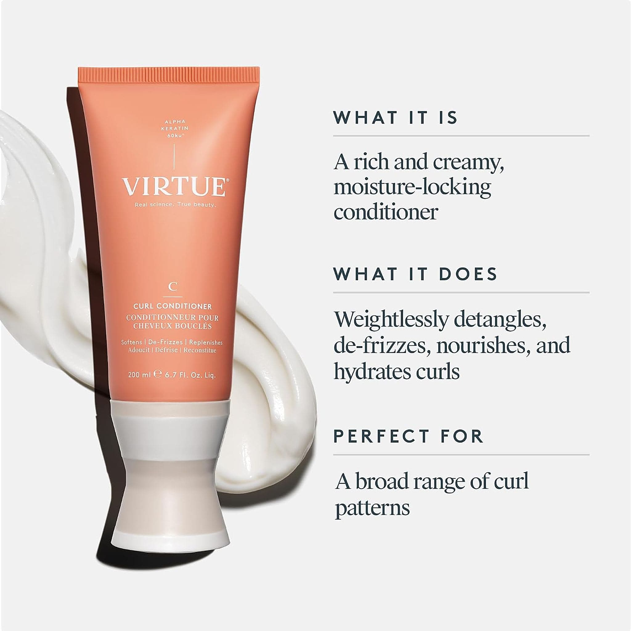Virtue Curl Conditioner tube beside a swatch of rich moisture-locking cream for detangling curly hair