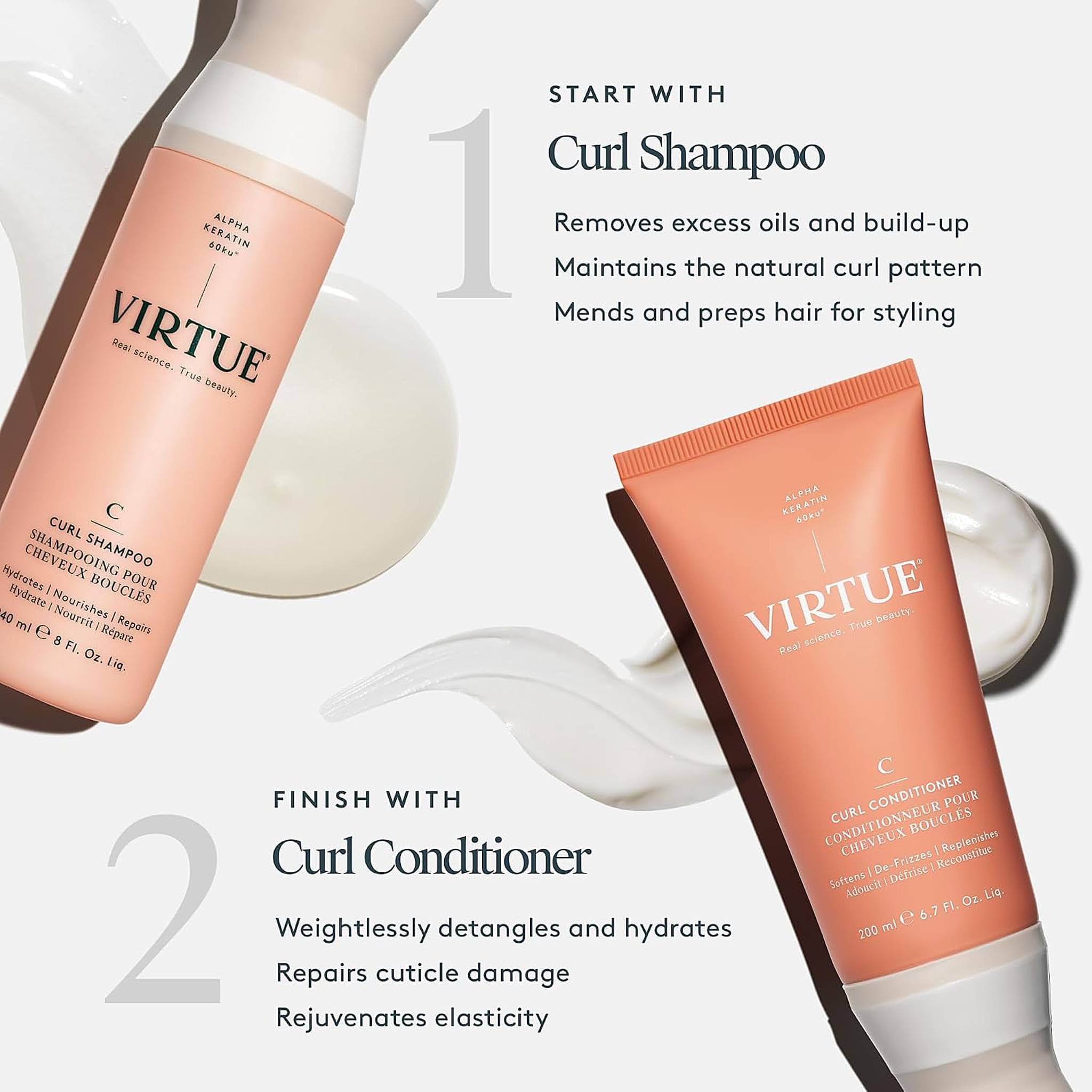 Virtue Curl Shampoo and Curl Conditioner two-step routine for hydrated defined curls