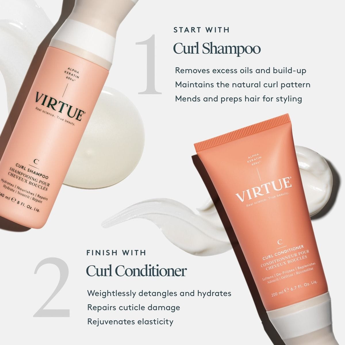 Virtue Curl Shampoo and Curl Conditioner routine with product swatches and key benefits of each step