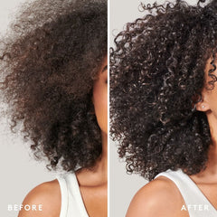 Curly hair before and after using Virtue Curl Shampoo showing less frizz and more defined curls