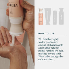 Hands dispensing Virtue Curl Shampoo with steps for lathering and rinsing as part of a curl care routine
