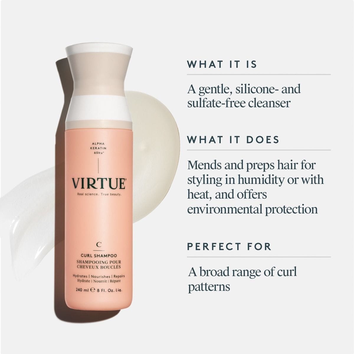 Virtue Curl Shampoo with a creamy swatch beside text explaining the gentle sulfate-free and silicone-free cleanser