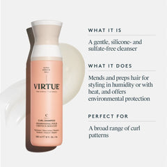 Virtue Curl Shampoo with a creamy swatch beside text explaining the gentle sulfate-free and silicone-free cleanser