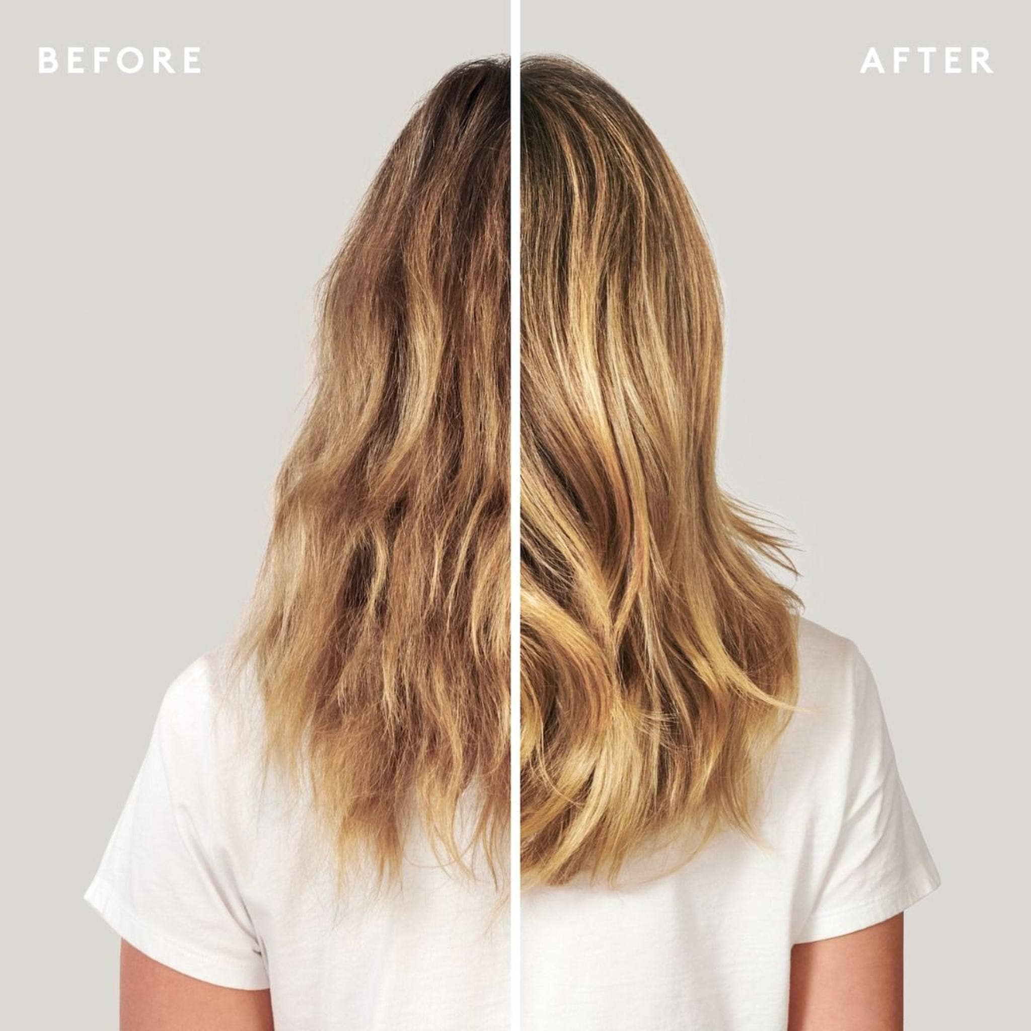 Before and after VIRTUE Damage Reverse Serum showing dry frizzy blonde hair turned smooth and shiny