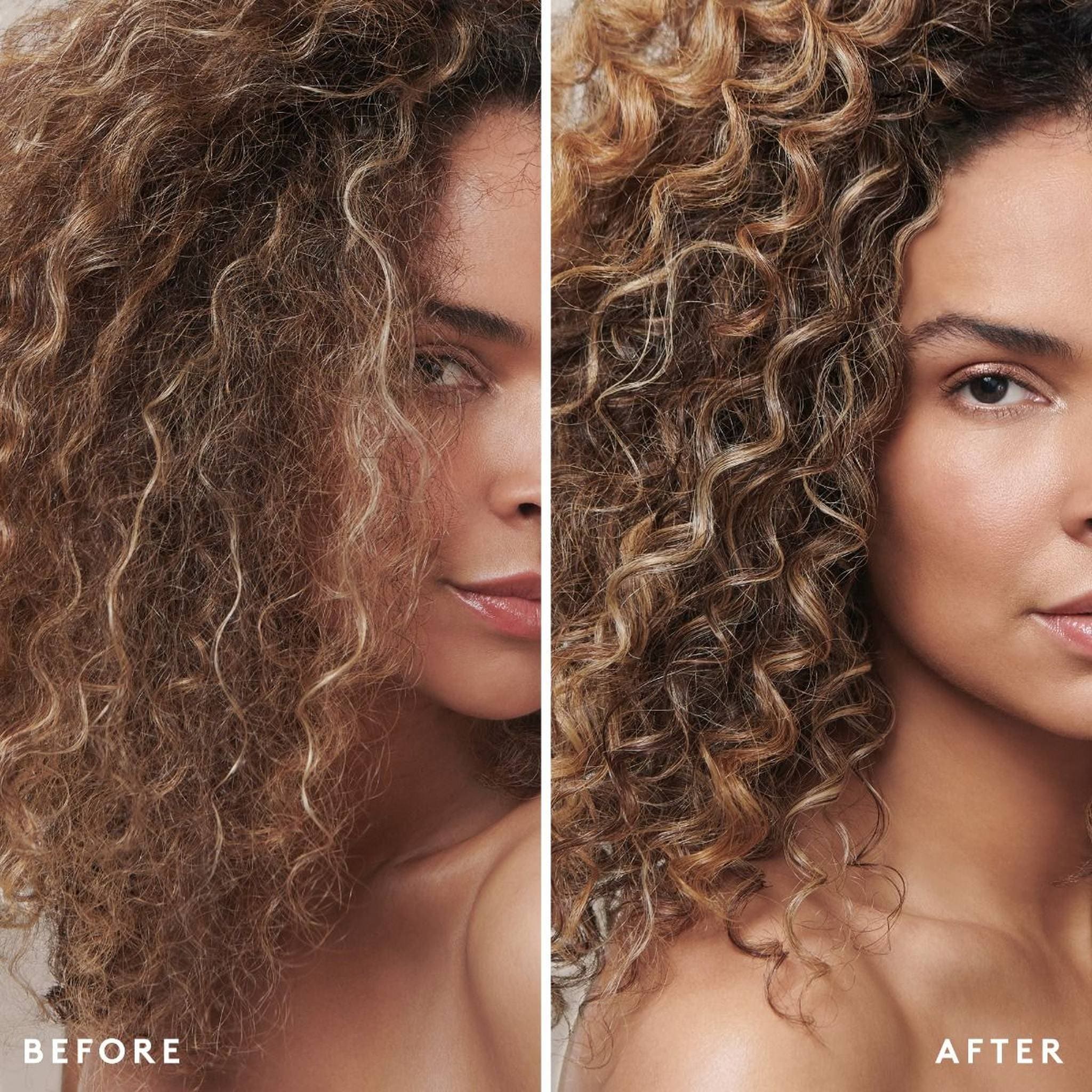 Before and after VIRTUE Damage Reverse Serum showing frizzy curls turned smooth and defined