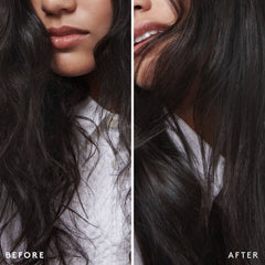 Before and after VIRTUE Damage Reverse Serum showing frizzy dark hair turned sleek and shiny