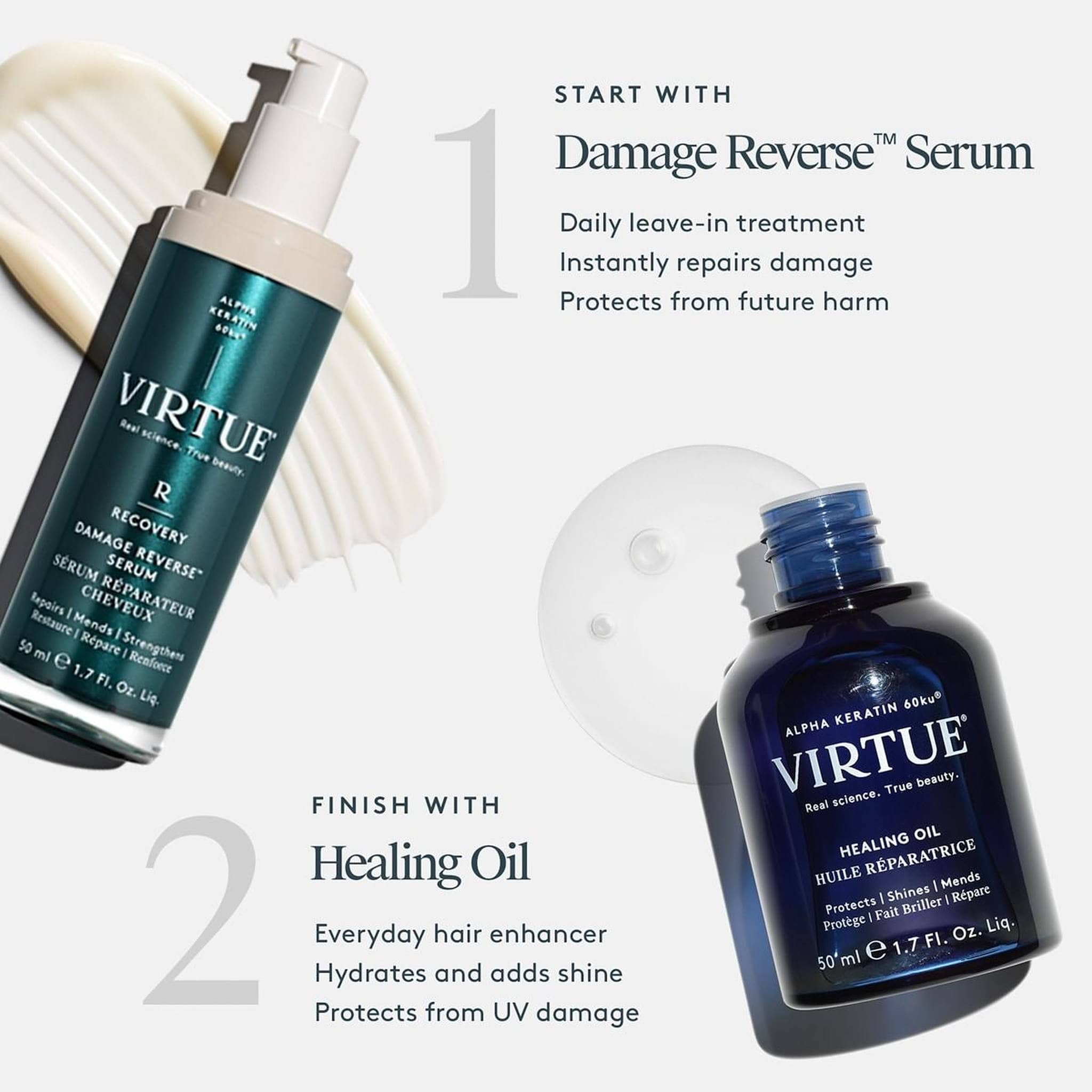 VIRTUE Damage Reverse Serum and Healing Oil two-step hair repair routine