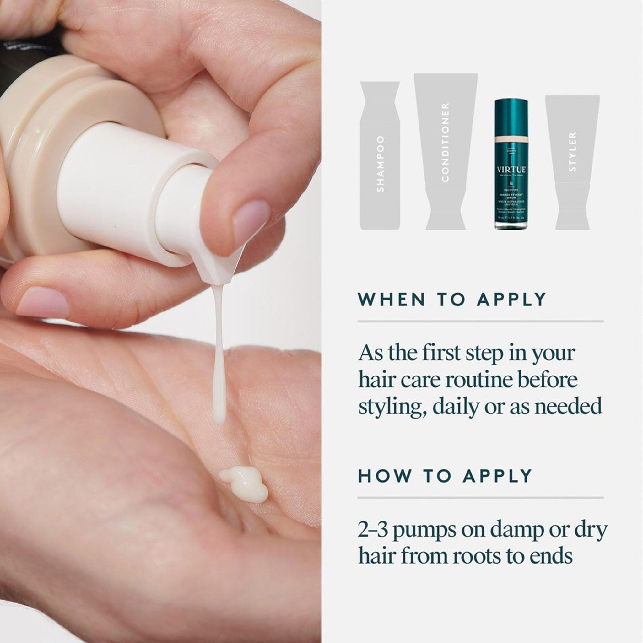 Hand pumping VIRTUE Damage Reverse Serum applied first before styling on damp or dry hair
