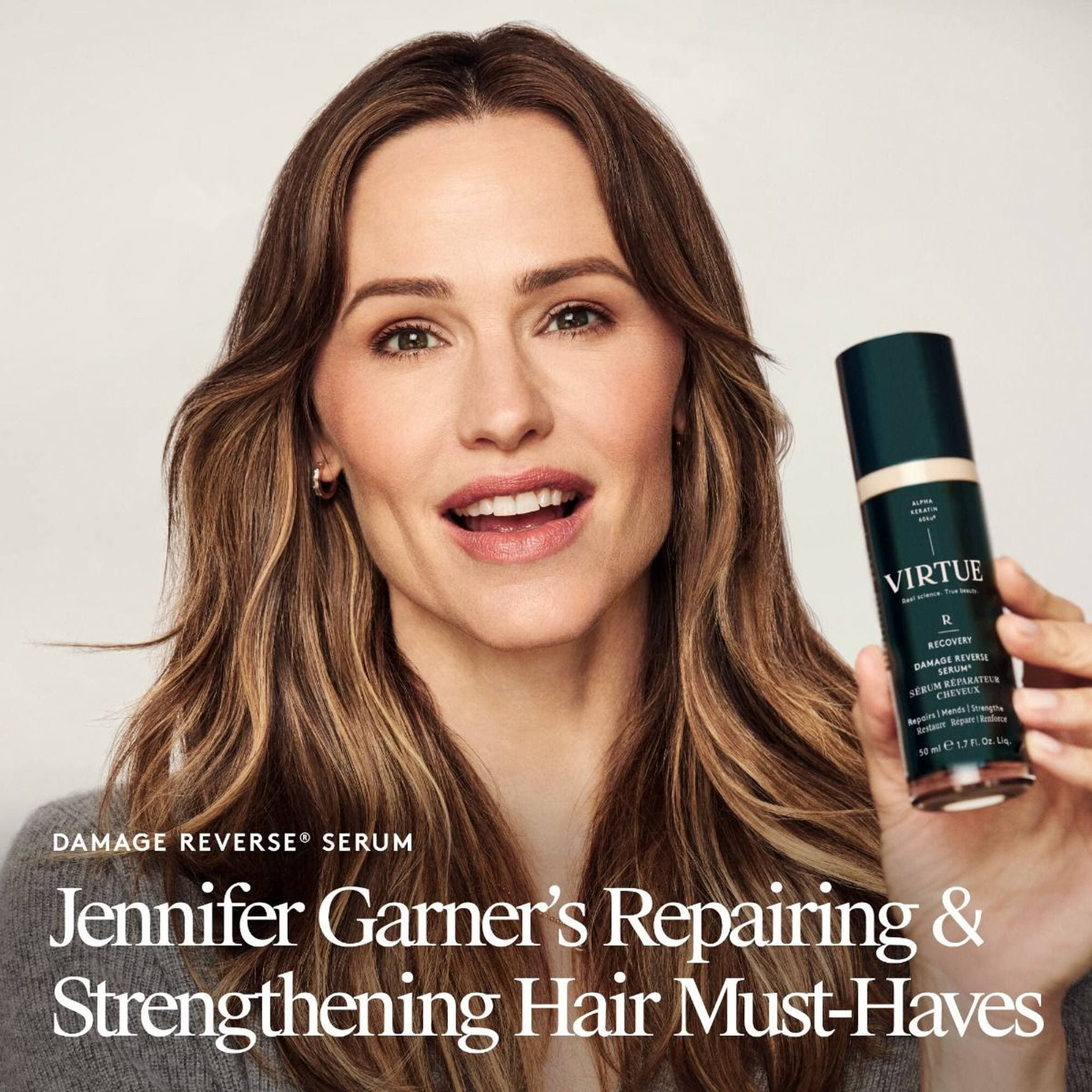 Jennifer Garner holding VIRTUE Damage Reverse Serum for repairing and strengthening hair