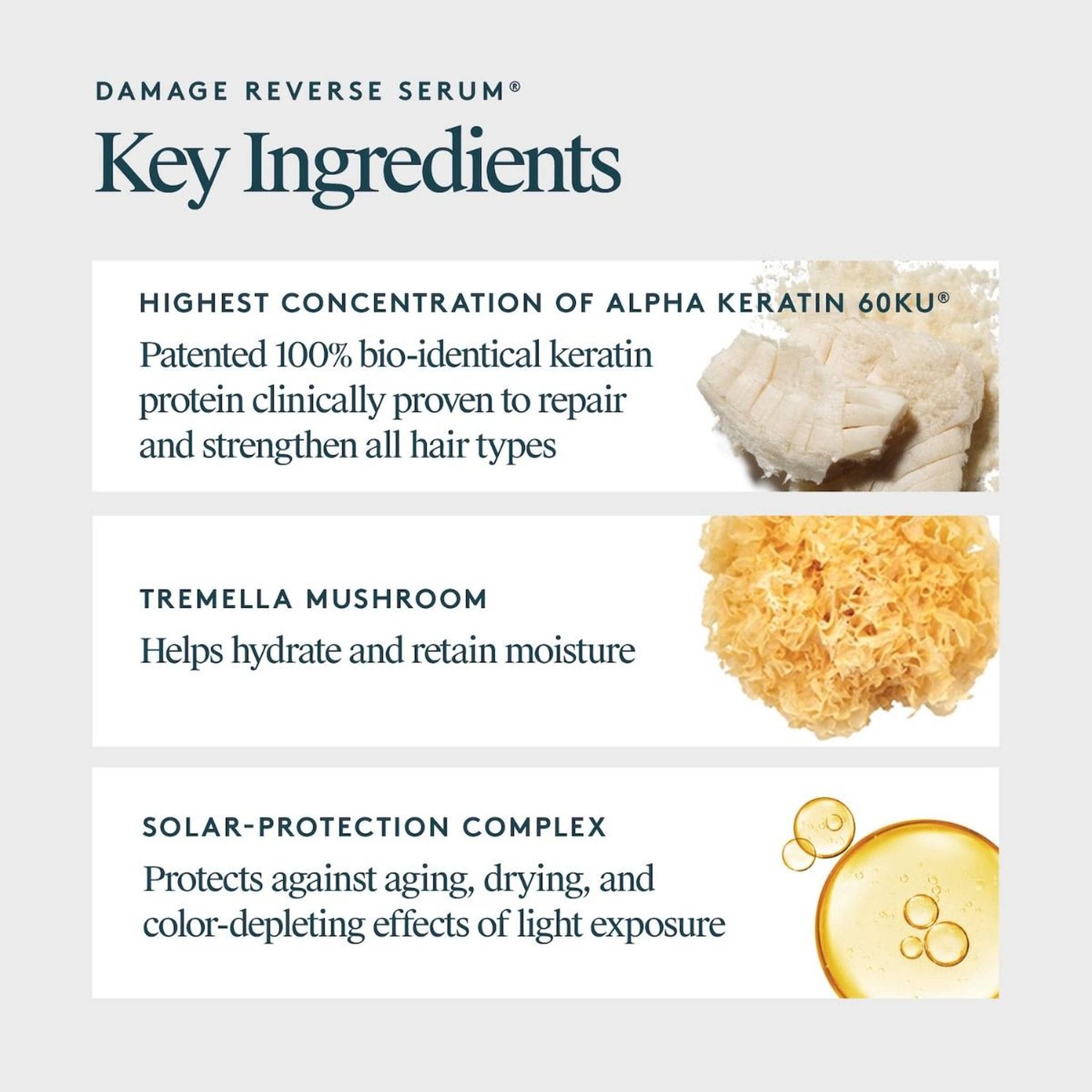 VIRTUE Damage Reverse Serum key ingredients Alpha Keratin 60ku Tremella Mushroom and solar protection