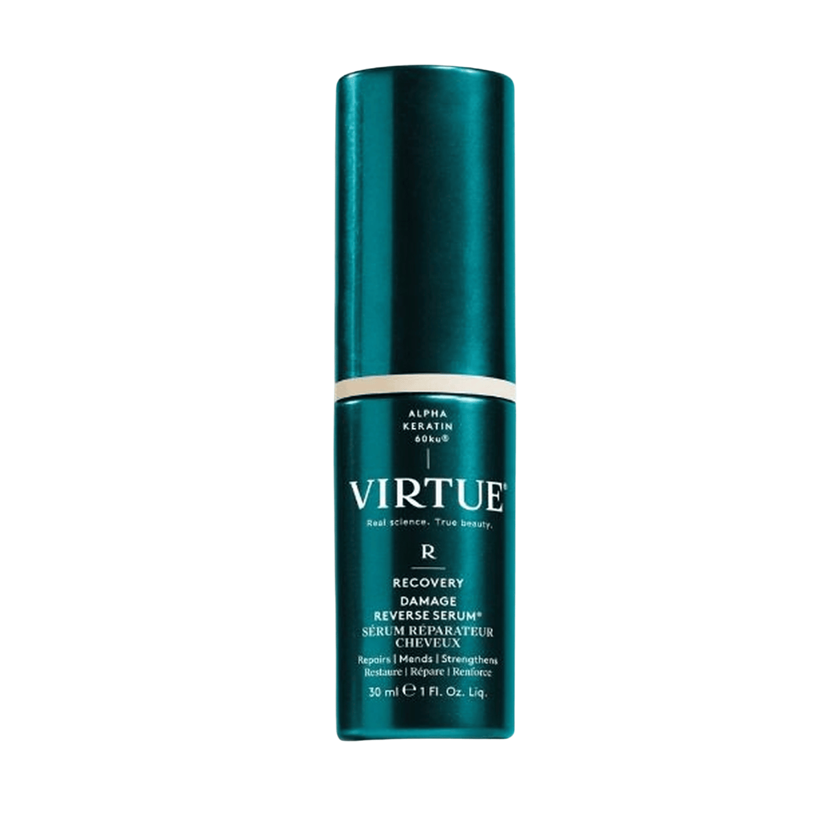 VIRTUE Recovery Damage Reverse Serum 30 ml travel size teal bottle with Alpha Keratin