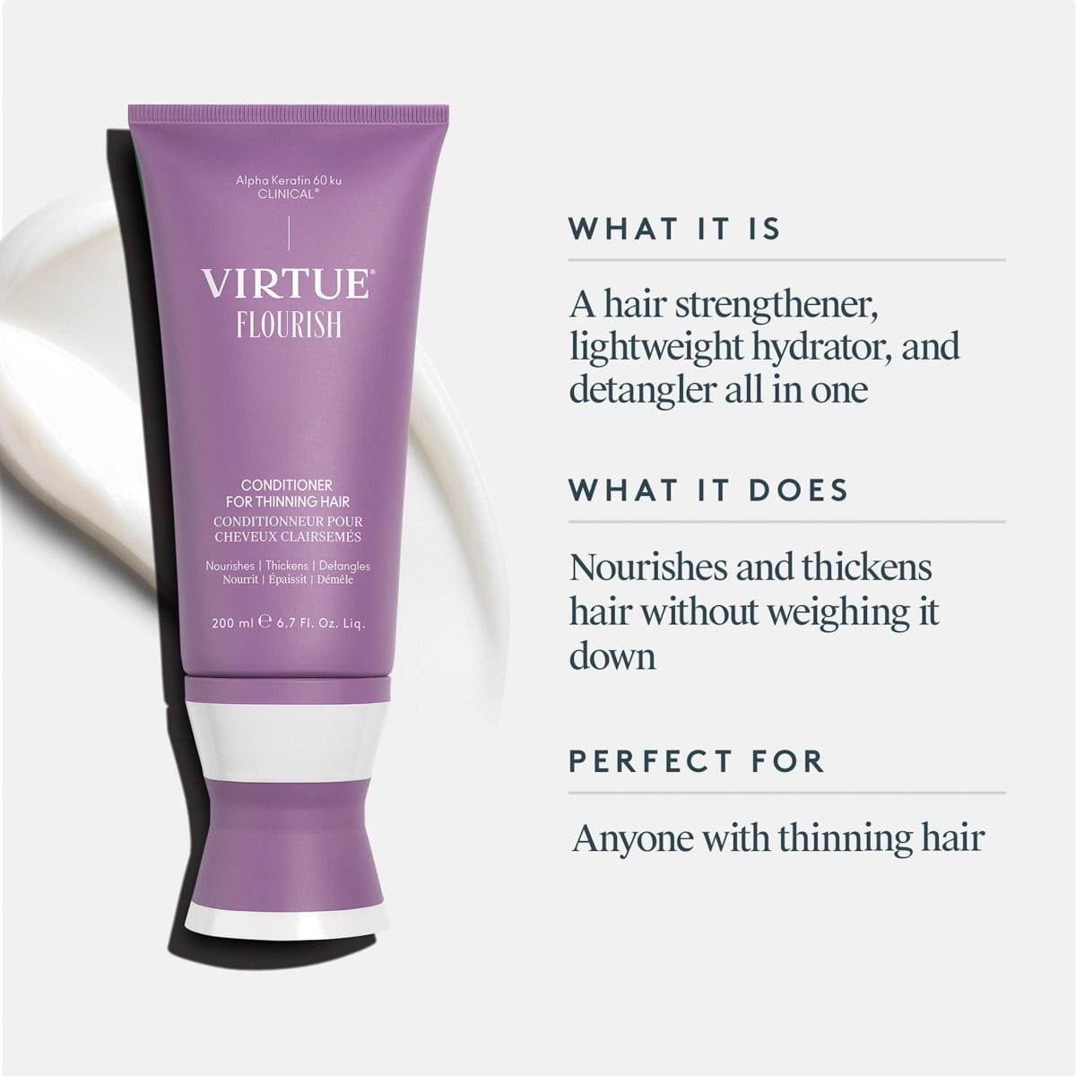 Virtue Flourish Conditioner tube with a cream swatch and benefits as a lightweight strengthening detangler