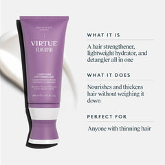 Virtue Flourish Conditioner tube with a cream swatch and benefits as a lightweight strengthening detangler