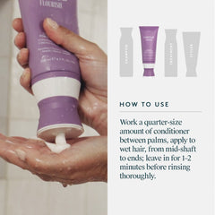 Hands squeezing Virtue Flourish Conditioner in the shower with how-to-use steps for thinning hair