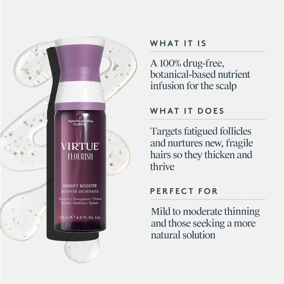 Virtue Flourish Density Booster bottle on a clear serum swirl with benefits of the drug-free botanical scalp treatment