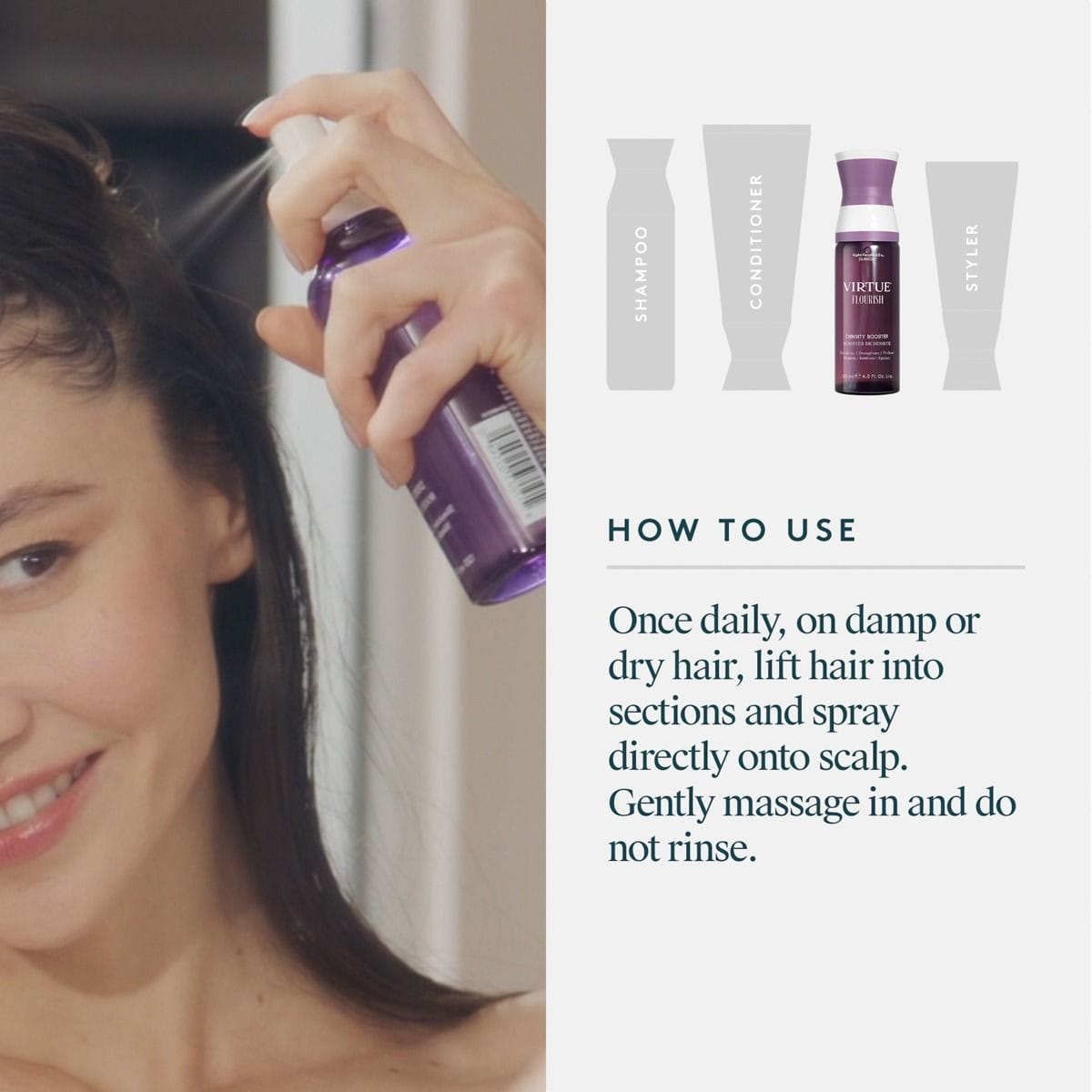 Woman spraying Virtue Flourish Density Booster onto her scalp with daily how-to-use steps