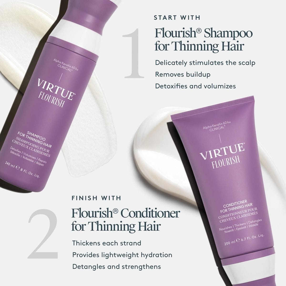 Virtue Flourish Shampoo and Conditioner for Thinning Hair two-step routine with cream swatches