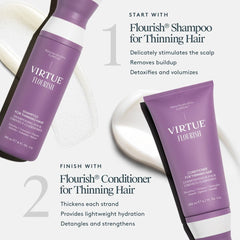 Virtue Flourish Shampoo and Conditioner for Thinning Hair two-step routine with cream swatches