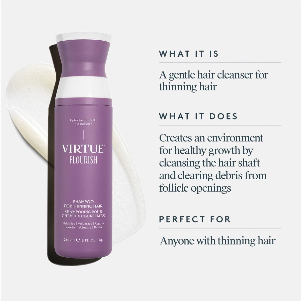 Virtue Flourish Shampoo bottle with a rich lather swatch and benefits of the gentle cleanser for thinning hair