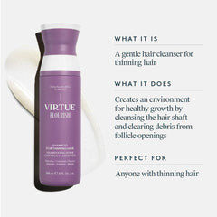 Virtue Flourish Shampoo bottle with a rich lather swatch and benefits of the gentle cleanser for thinning hair