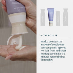 Hands dispensing Virtue Full Conditioner in the shower with how-to-use steps from mid-shaft to ends