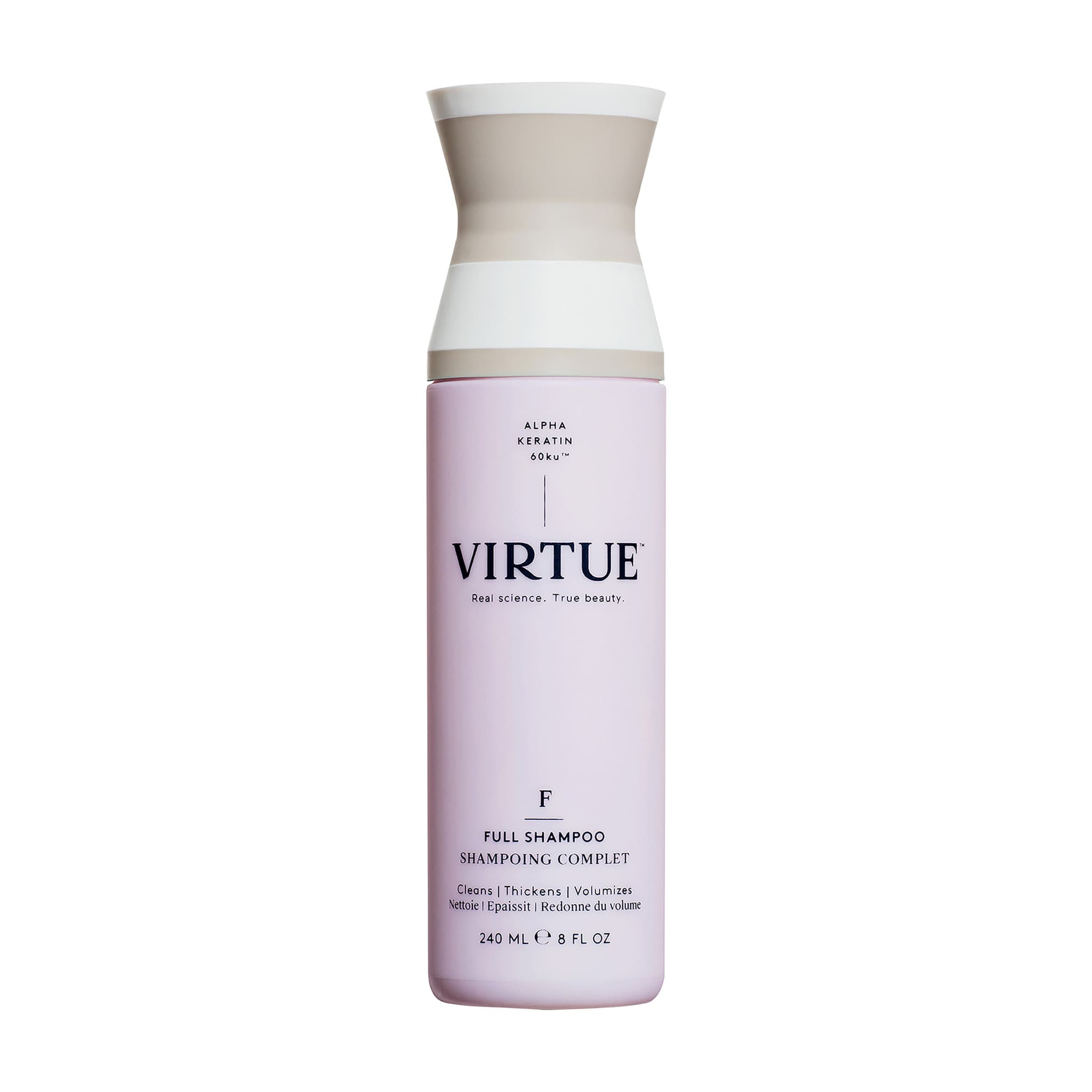 Virtue Full Shampoo 8 oz bottle with Alpha Keratin that cleans thickens and volumizes fine or flat hair