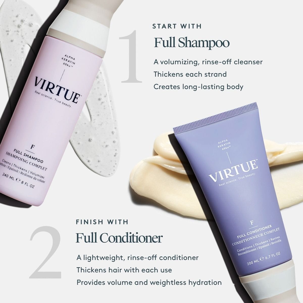 Virtue Full Shampoo followed by Full Conditioner in a two-step volume routine with product swatches