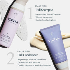 Virtue Full Shampoo followed by Full Conditioner in a two-step volume routine with product swatches