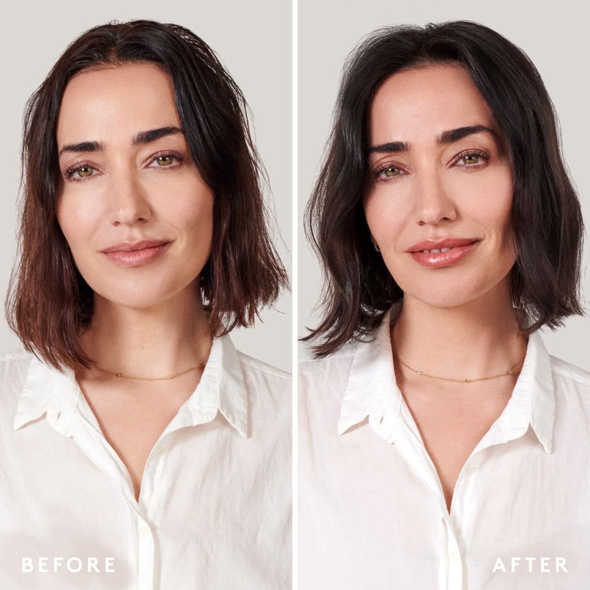 Woman with limp flat hair before and fuller hair with lifted roots after using Virtue Full Shampoo