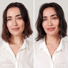 Woman with limp flat hair before and fuller hair with lifted roots after using Virtue Full Shampoo